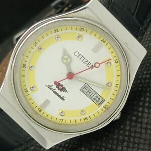 Vintage 1979 Citizen Automatic Mens Silver Watch W/daydate & Yellow accents